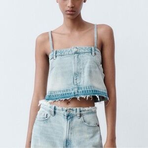 NWT Zara Denim Frayed Crop Top Sz Small